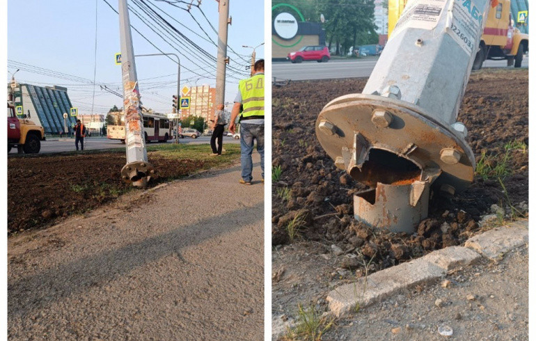 На оживлённом перекрёстке в Челябинске рухнул электрический столб