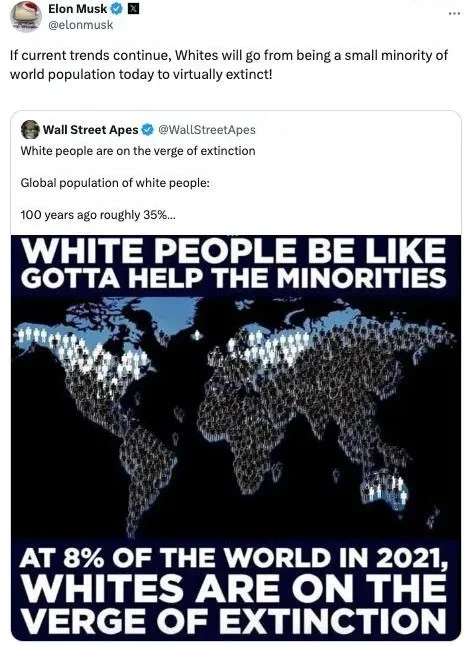 Илон Маск заявил, что белое население мира находится под угрозой вымирания